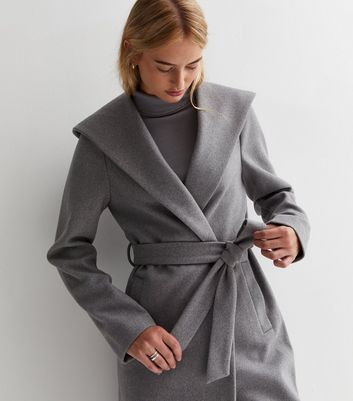 Tall Grey Unlined Hooded Belted Coat | New Look