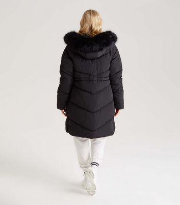 Black faux fur cheap hooded puffer coat