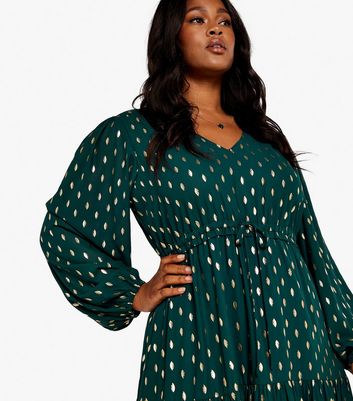 Apricot Curves Green Metallic Spot Long Puff Sleeve Tie Waist Midi