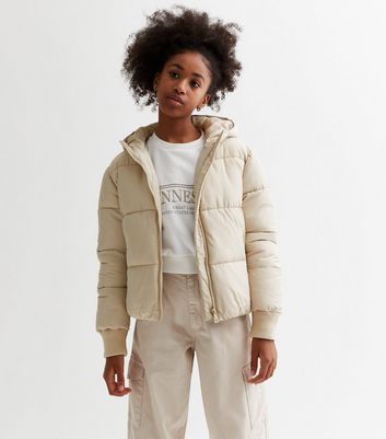 Girls Cream Hooded Puffer Jacket