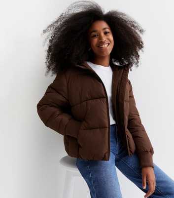 Girls Dark Brown Hooded Puffer Jacket