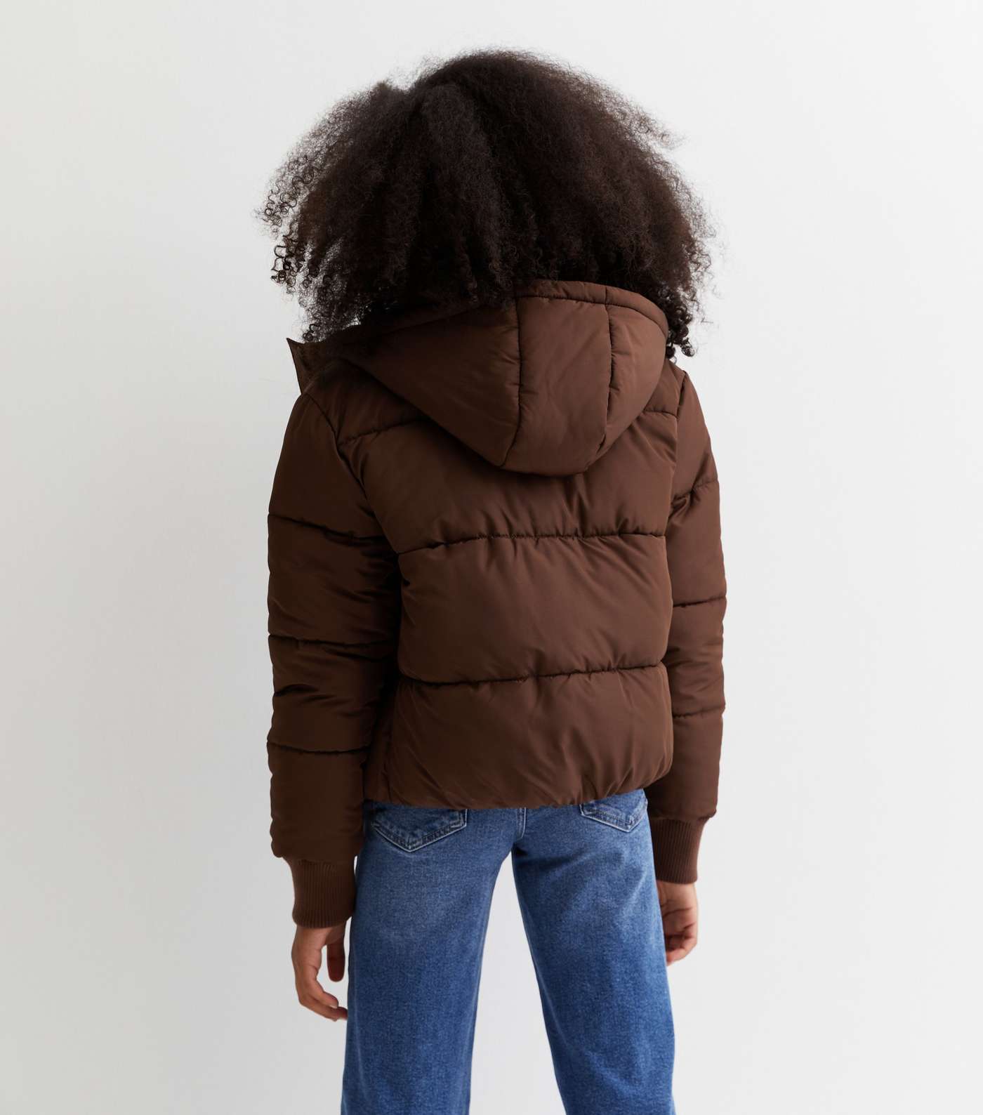 Girls Dark Brown Hooded Puffer Jacket Image 4