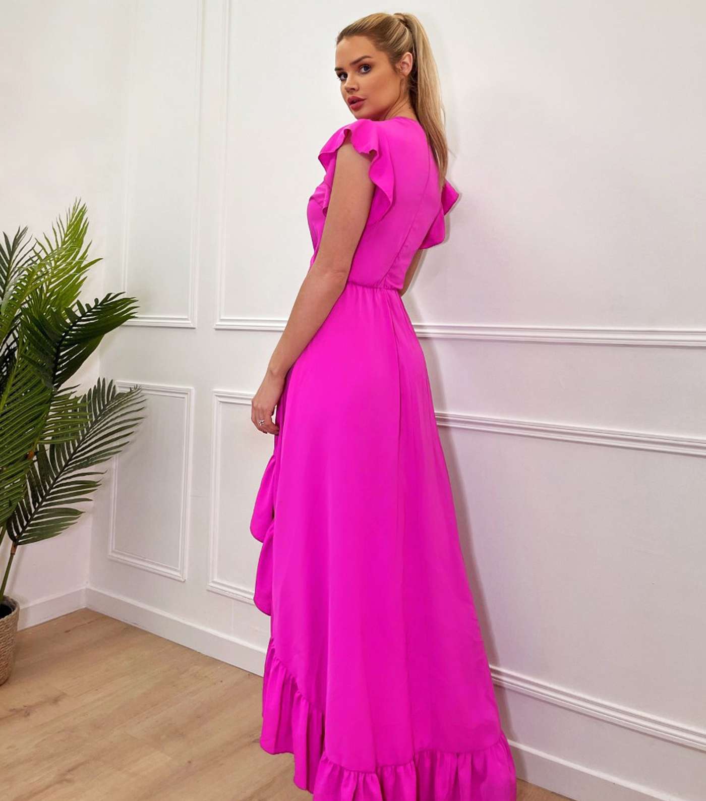 AX Paris Bright Pink Frill Dip Hem Midi Wrap Dress Image 3