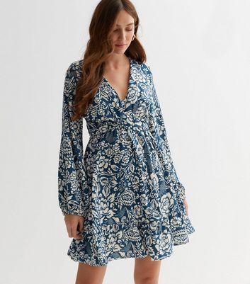 Blue Vanilla Blue Floral Belted Long Sleeve Mini Dress New Look