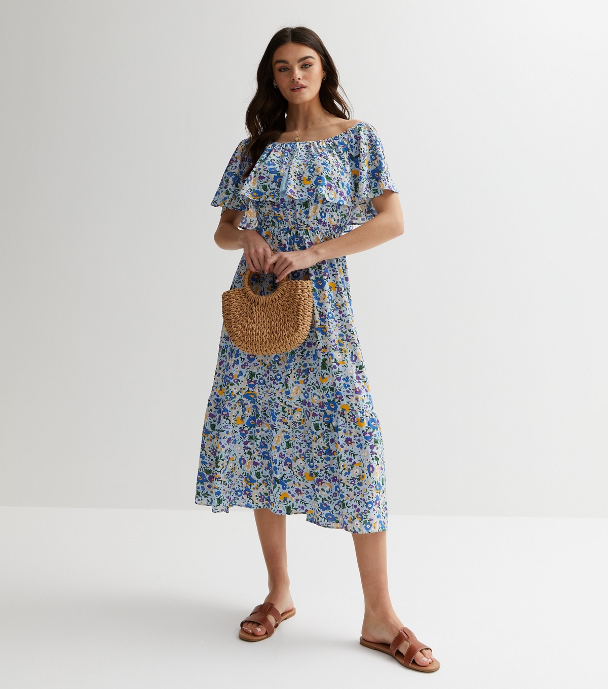 Women's Blue Floral Bardot Ruffle Midi Dress Blue Vanilla New Look