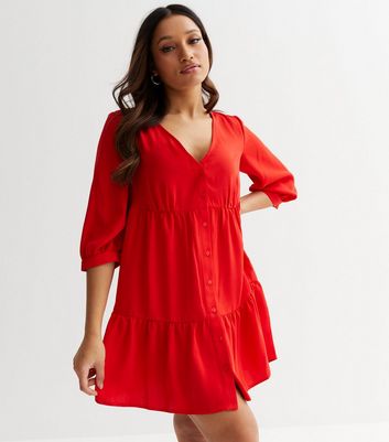 Petite Red V Neck 1 2 Sleeve Button Front Tiered Mini Dress New Look