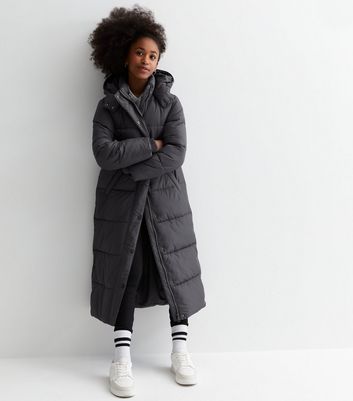 Girls Black Leather-Look Hooded Puffer Jacket | New Look