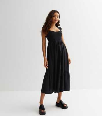 Petite Black Shirred Frill Sleeve Tiered Midi Dress