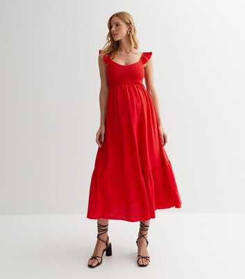 Maternity Red Frill Shirred Midi Dress