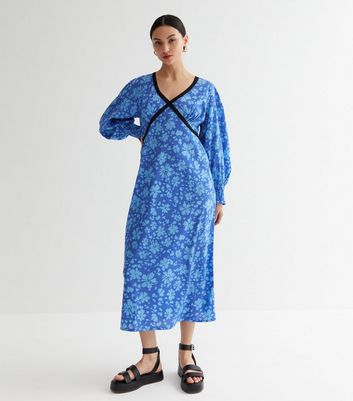 Petite Blue Floral Lace Trim Midi Dress