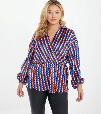 QUIZ Curves Blue Geometric Wrap Peplum Blouse