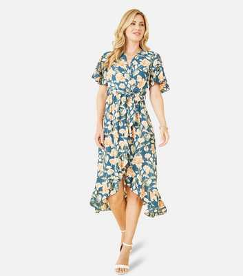 Mela Teal Floral Short Flutter Sleeve Frill Midi Wrap Dress