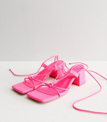 Public Desire Bright Pink Tie Strappy Mid Block Heel Sandals New Look