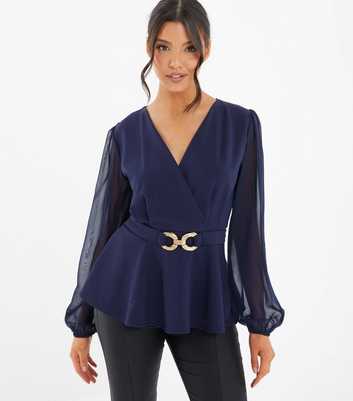 QUIZ Navy V Neck Long Sleeve Buckle Front Peplum Wrap Top