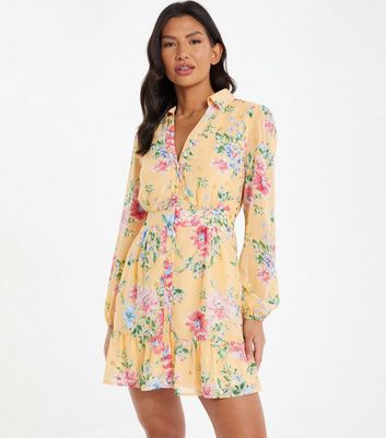 QUIZ Yellow Floral Frill Mini Shirt Dress New Look