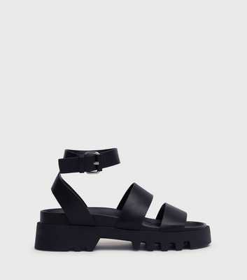 London Rebel Black Leather-Look Chunky Strappy Sandals
