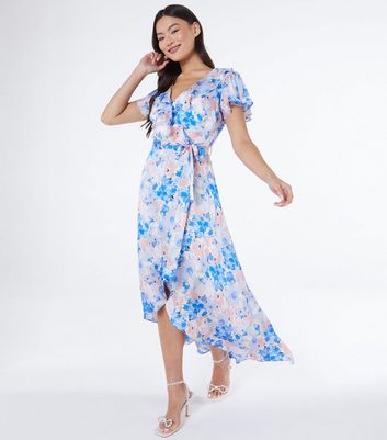 QUIZ Blue Floral Midaxi Wrap Dress New Look