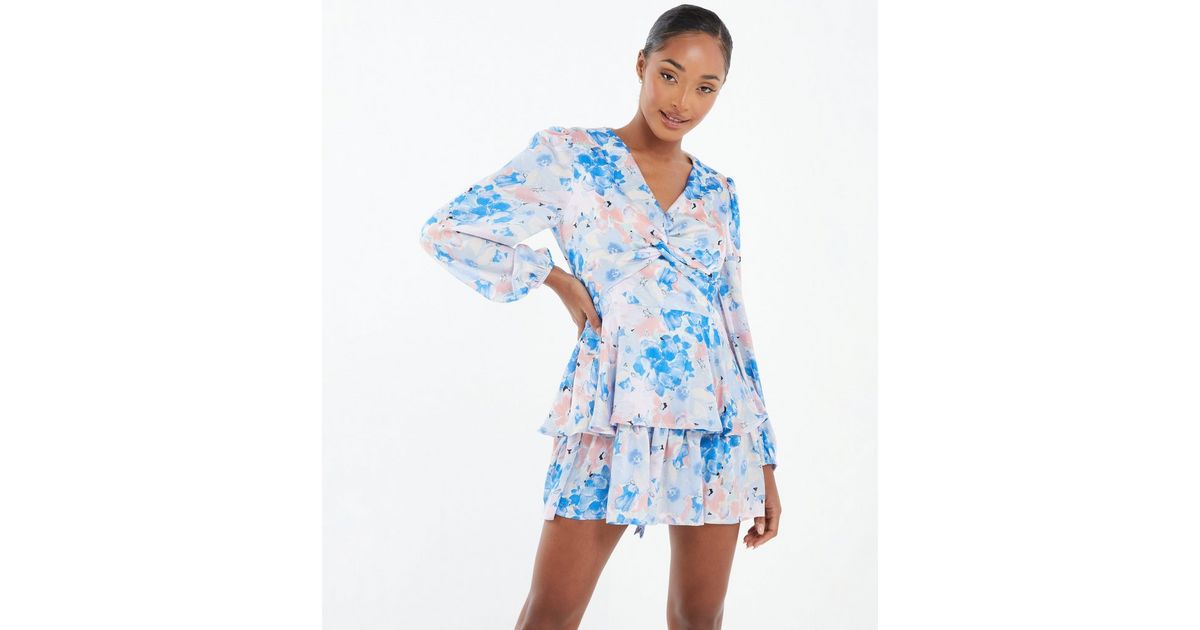QUIZ Pale Blue Floral Twist Front Playsuit New Look