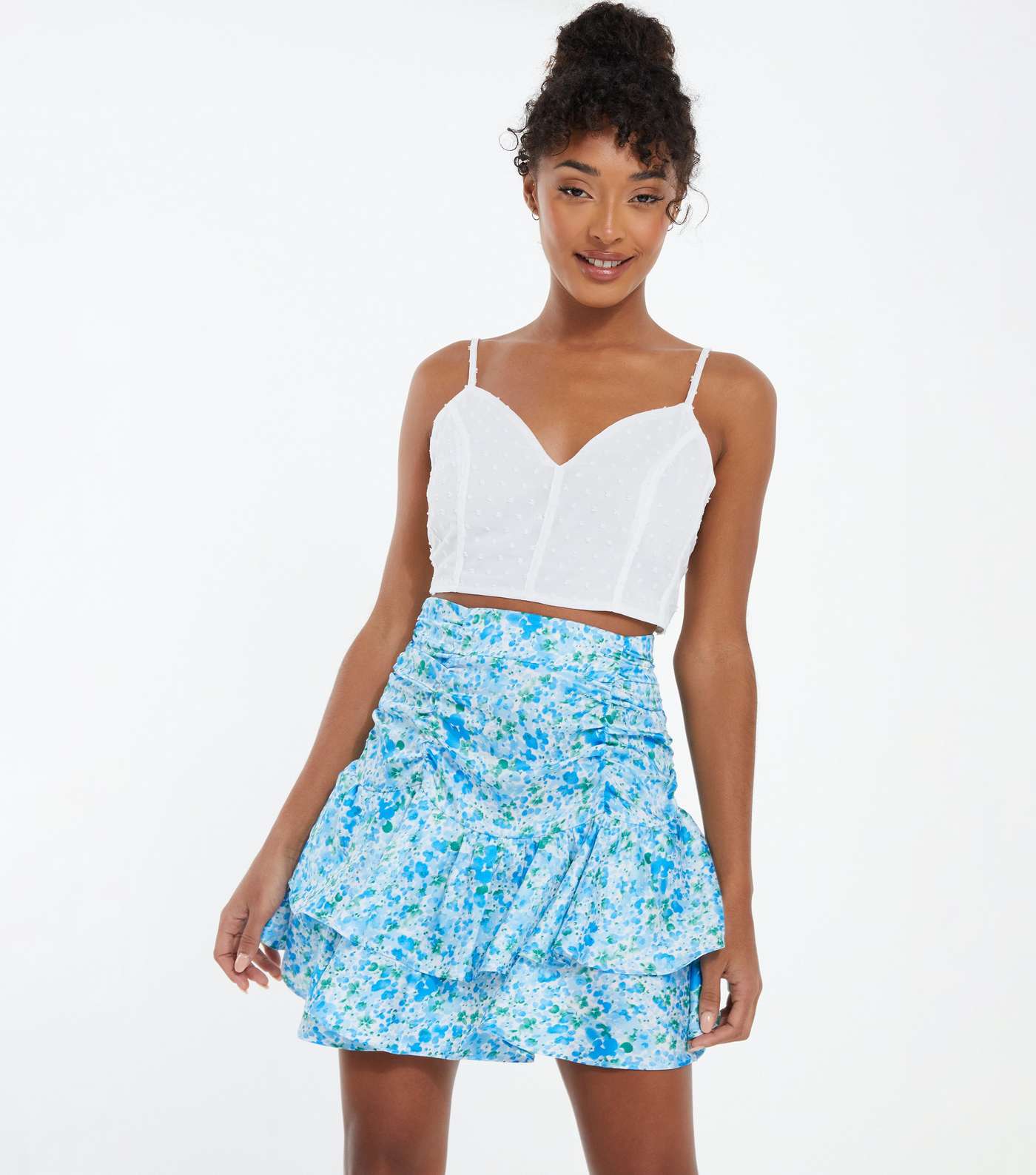 QUIZ Pale Blue Floral Frill Mini Skirt