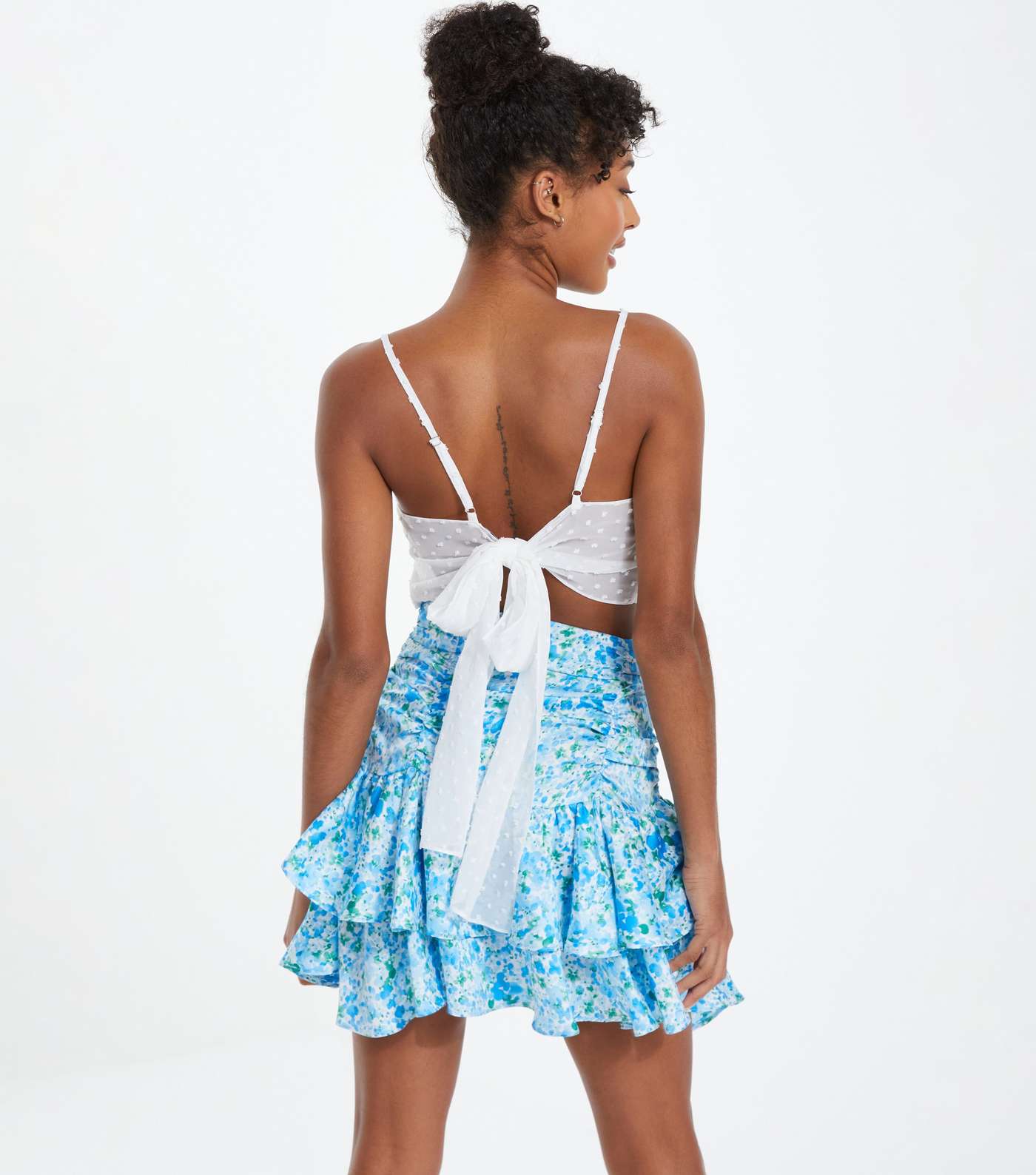 QUIZ Pale Blue Floral Frill Mini Skirt Image 3