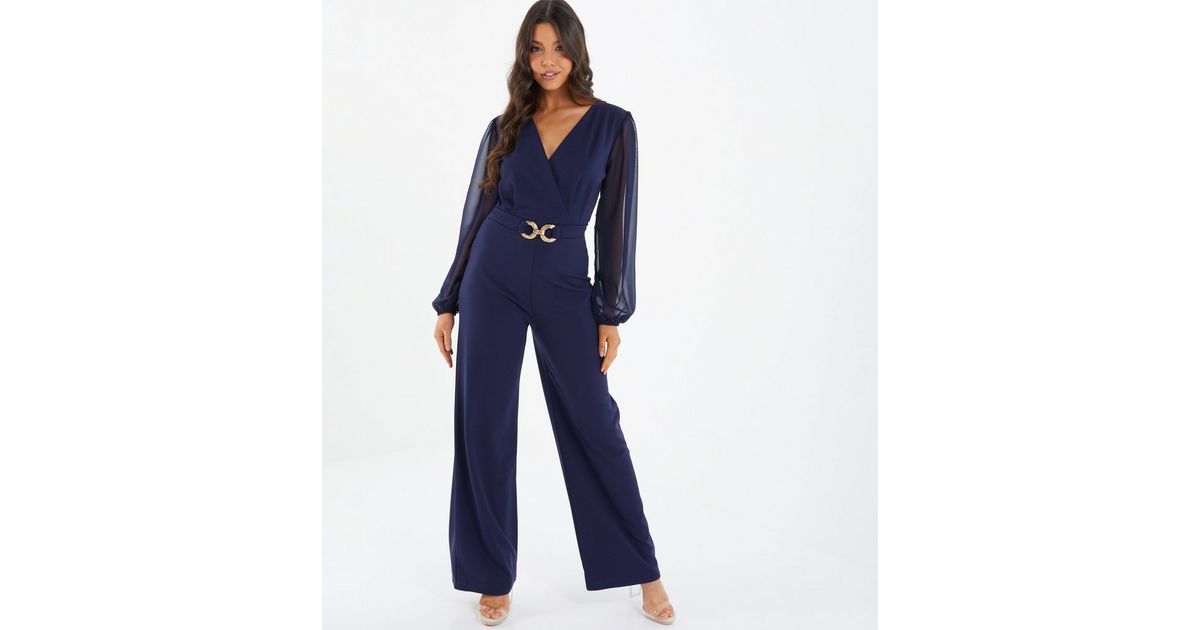 QUIZ Navy Belted Wide Leg Wrap Jumpsuit New Look