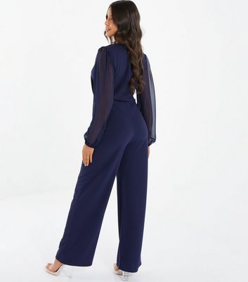 QUIZ Navy Belted Wide Leg Wrap Jumpsuit | New Look