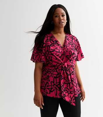 Curves Pink Floral Tie Front Top