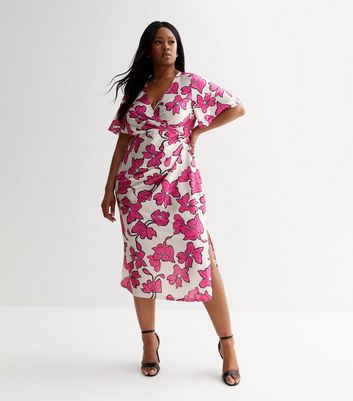 Curves Pink Floral Ruched Midi Wrap Dress New Look