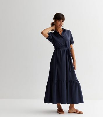Blue Vanilla Navy Belted Tiered Maxi Dress New Look
