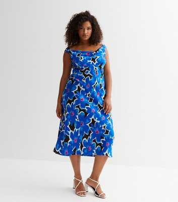 Curves Blue Floral Cowl Neck Midi Dress