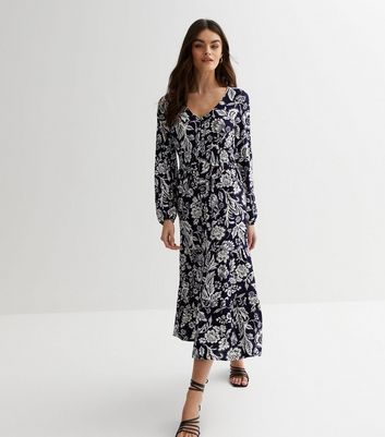 Blue Vanilla Navy Floral Shirred Waist Tiered Midi Dress