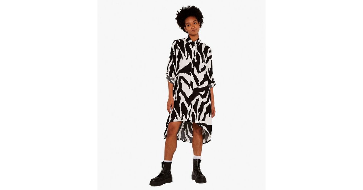 Apricot White Zebra Print 1/2 Roll Sleeve Dip Hem Midi Shirt Dress ...