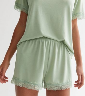 Green Short Pyjama Set with Lace Trim New Look