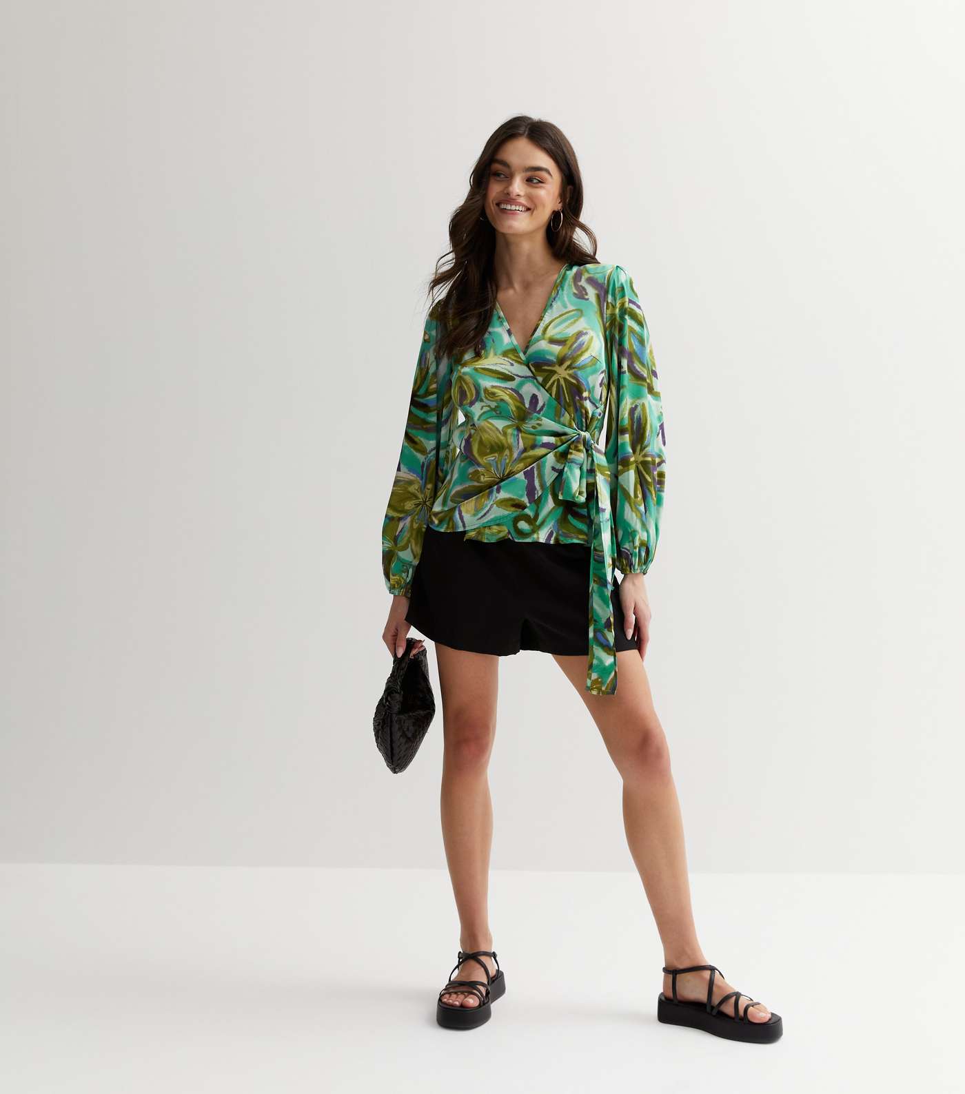 Gini London Green Floral Satin Puff Sleeve Wrap Blouse Image 3