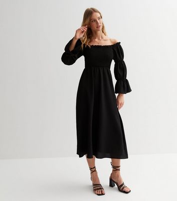 Gini London Black Shirred Frill Tiered Bardot Midi Dress New Look