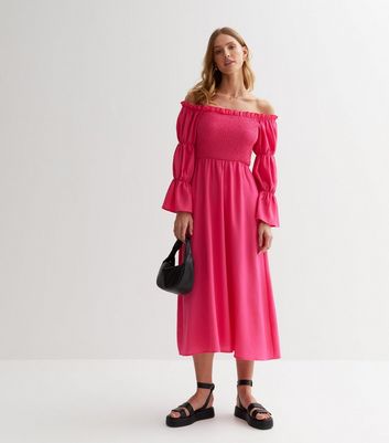 Gini London Mid Pink Shirred Frill Tiered Bardot Midi Dress
