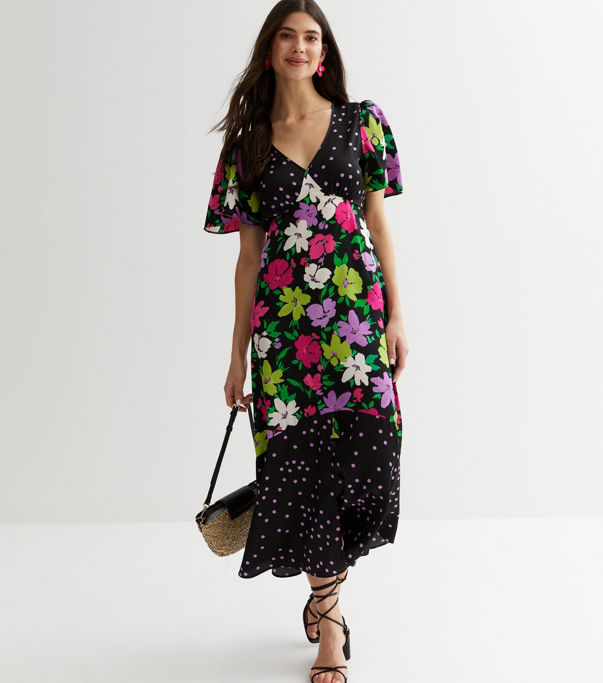 Women's Black Floral Spot Flutter Sleeve Midi Dress New Look
