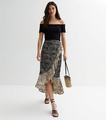 Gini London Black Animal Print Frill Wrap Midi Skirt New Look