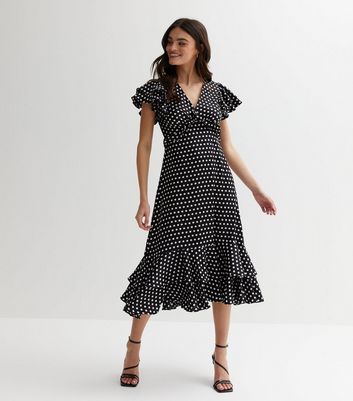Gini London Black Polka Dot Frill Tiered Midi Dress New Look