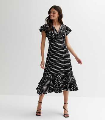 Gini London Black Polka Dot Frill Tiered Midi Dress