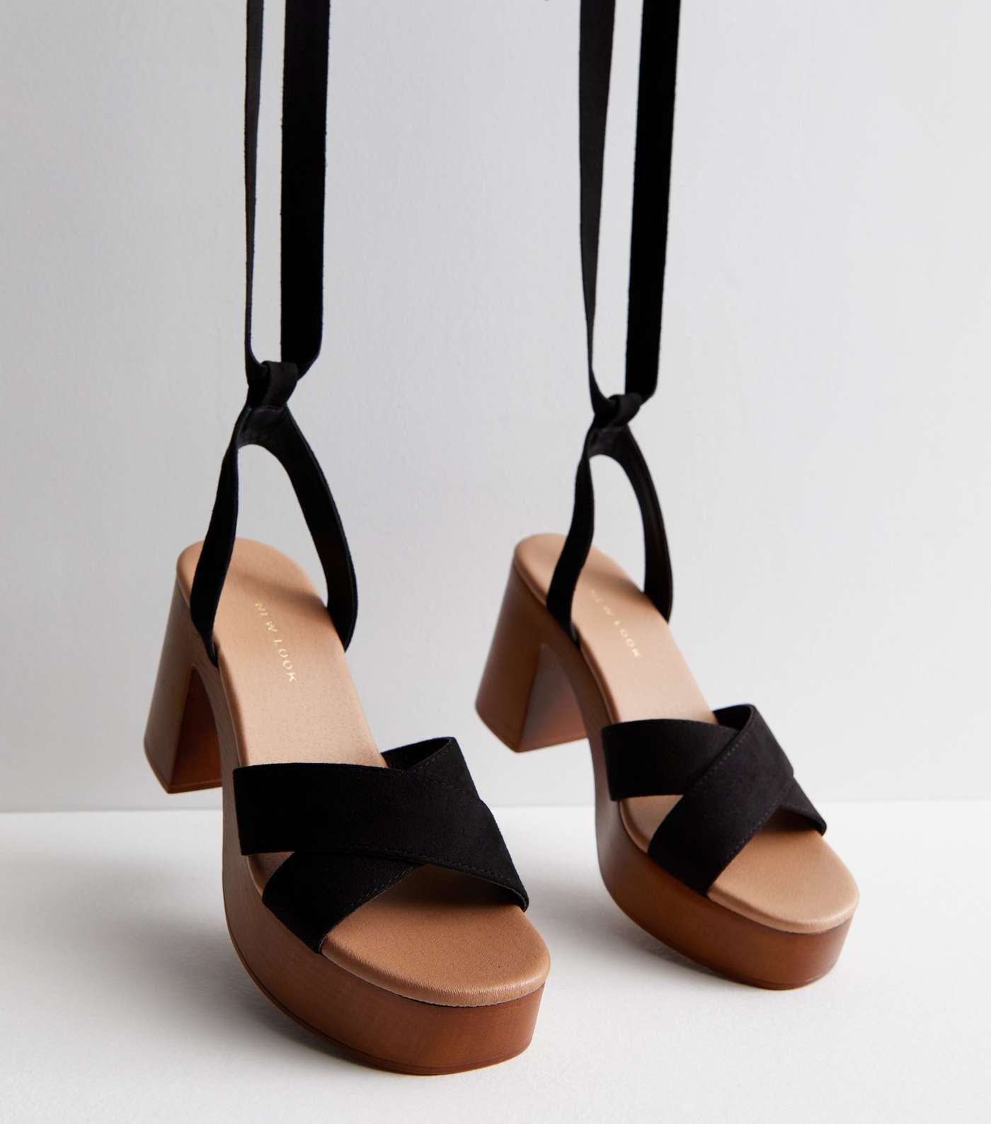 Black Suedette Ankle Tie Platform Sandals Image 3