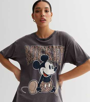Dark Grey Acid Wash Mickey Mouse Logo Oversized T-Shirt