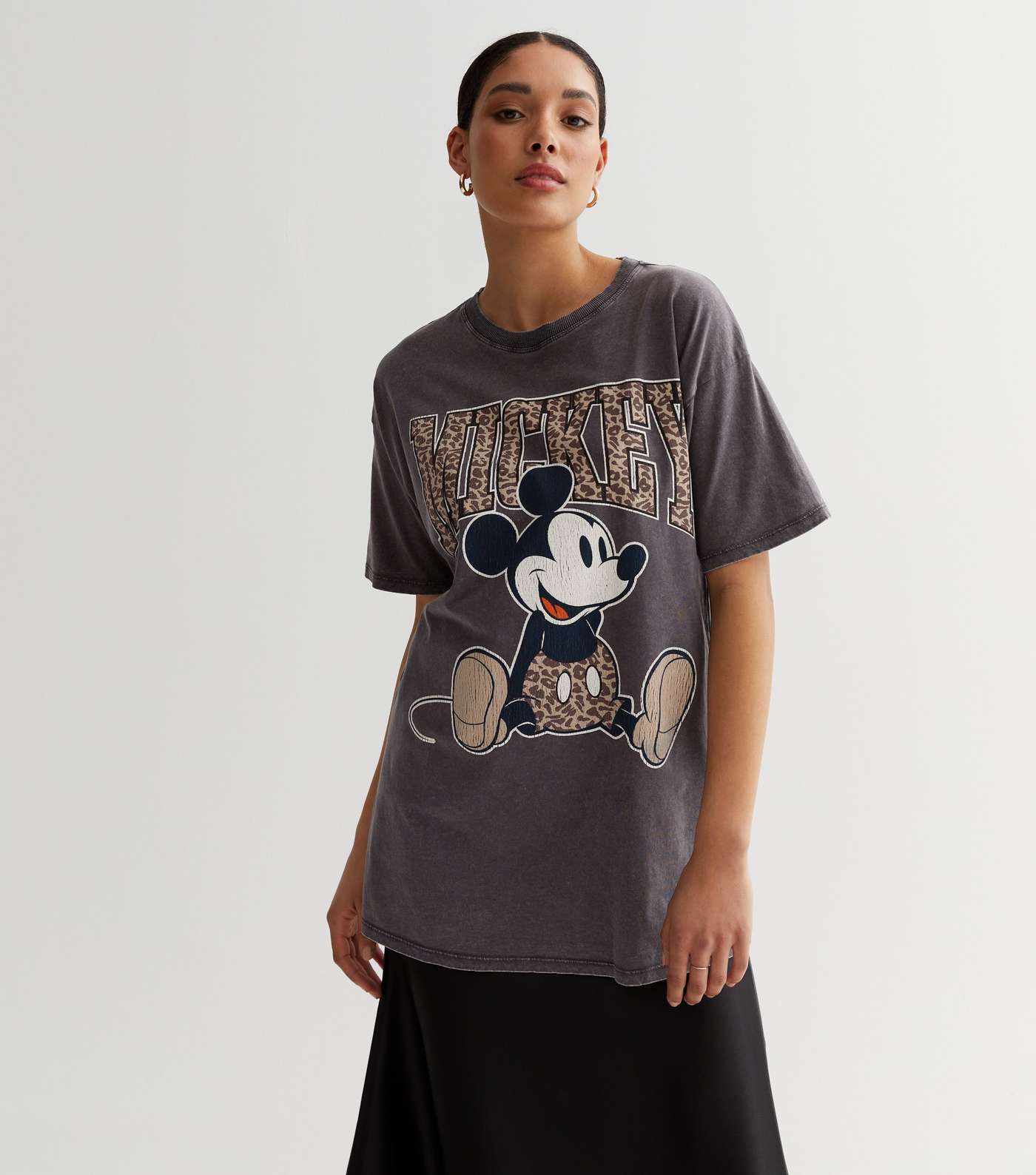 Dark Grey Acid Wash Mickey Mouse Logo Oversized T-Shirt Image 2