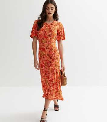 Blue Vanilla Orange Abstract Flutter Sleeve Tiered Midi Dress
