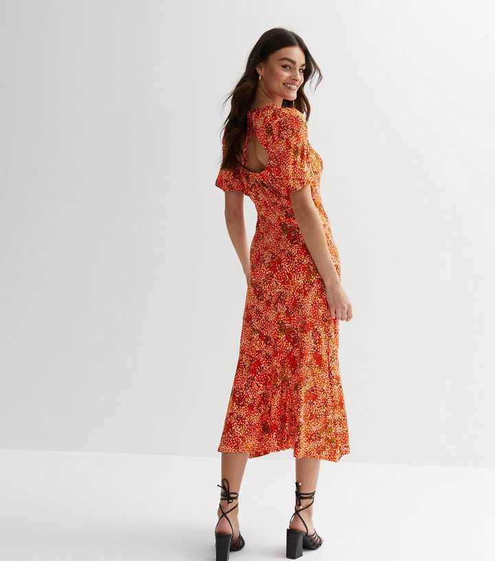 Blue Vanilla Orange Abstract Flutter Sleeve Tiered Midi Dress | New Look
