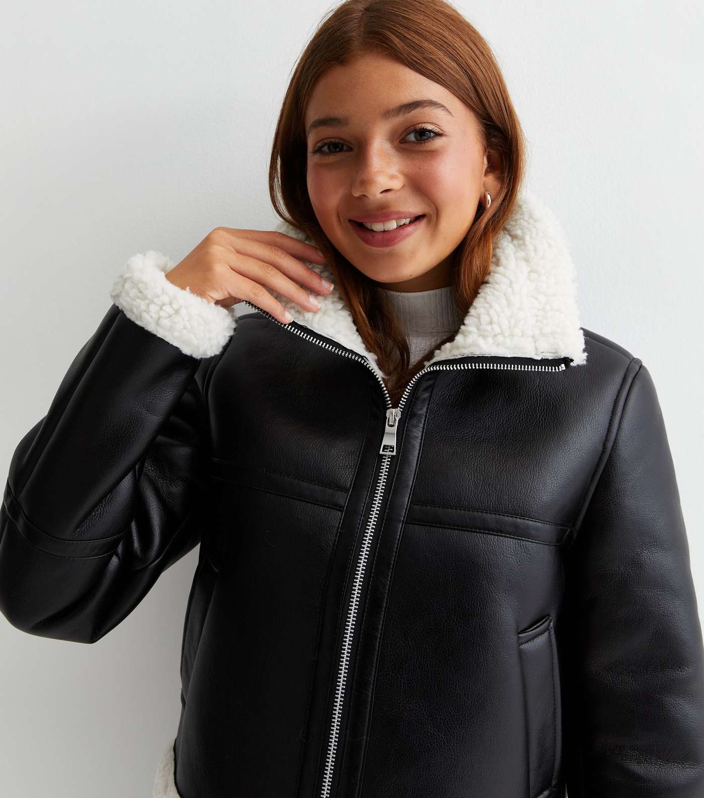 Girls Black Leather-Look Faux Fur Trim Aviator Jacket Image 2