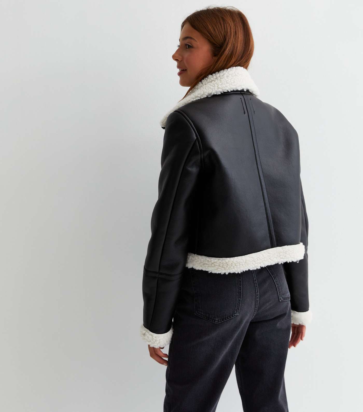 Girls Black Leather-Look Faux Fur Trim Aviator Jacket Image 4