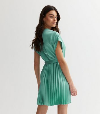Light Green Satin Pleated Mini Wrap Dress New Look