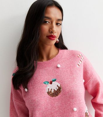 Petite Pink Knit Sequin Christmas Pudding Jumper New Look