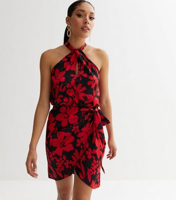Red Floral Halter Neck Mini Dress New Look